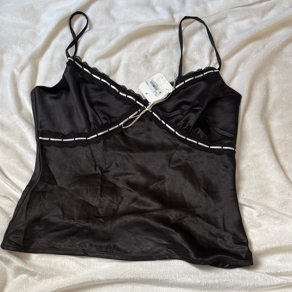ALTAR’D STATE Black Silk Tank with Lace and Ribbon Detail